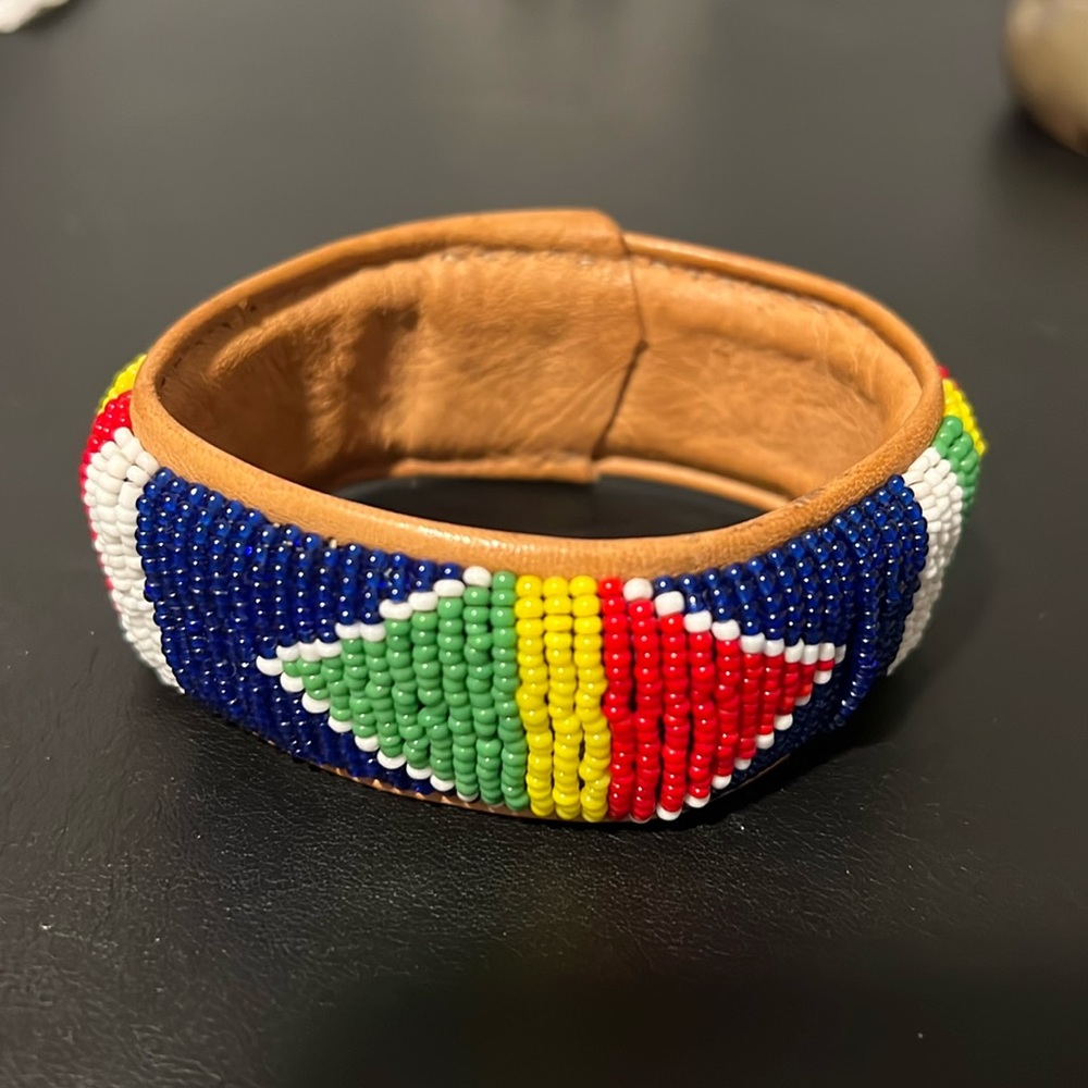 Colorful Beaded Bracelet with Tan Leather Interior - Picture 3 of 9